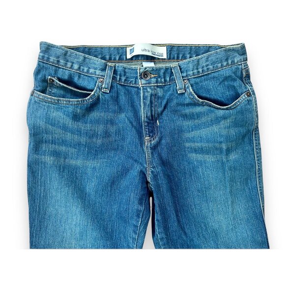 Gap Ultra Low Flare Leg Patch Jeans Medium Wash Bootcut Hippie Boho - Picture 6 of 7
